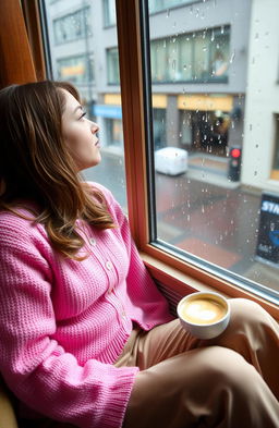 A city girl sitting by the window, gazing at the patter of raindrops