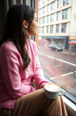 A city girl sitting by the window, gazing at the patter of raindrops