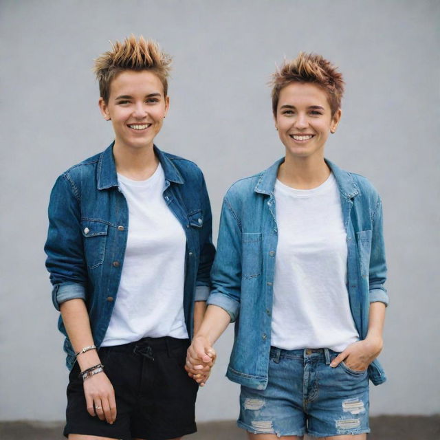 The tomboyish girl with her girlfriend, who is also tomboyish. Both sport rugged, casual clothing and short, spiky hair and are holding hands, joyfully showing their bond.