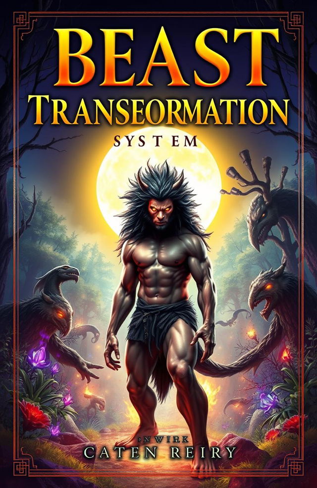 A captivating fantasy book cover design for the title 'Beast Transformation System', featuring a dramatic transformation scene where a human morphs into a majestic beast under a glowing moonlit sky