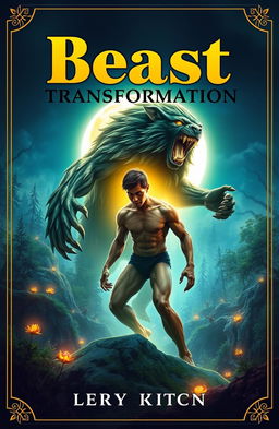 A captivating fantasy book cover design for the title 'Beast Transformation System', featuring a dramatic transformation scene where a human morphs into a majestic beast under a glowing moonlit sky