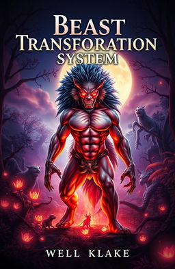 A captivating fantasy book cover design for the title 'Beast Transformation System', featuring a dramatic transformation scene where a human morphs into a majestic beast under a glowing moonlit sky