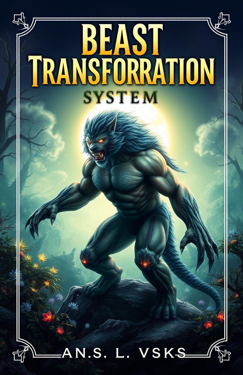 A captivating fantasy book cover design for the title 'Beast Transformation System', featuring a dramatic transformation scene where a human morphs into a majestic beast under a glowing moonlit sky