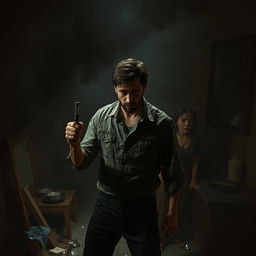 A dramatic and intense scene depicting a male figure with a distressed expression, standing in a dimly lit room with a sense of tension and conflict