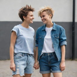 The tomboyish girl with her girlfriend, who is also tomboyish. Both sport rugged, casual clothing and short, spiky hair and are holding hands, joyfully showing their bond.