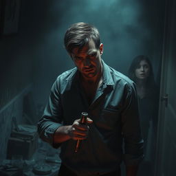 A dramatic and intense scene depicting a male figure with a distressed expression, standing in a dimly lit room with a sense of tension and conflict