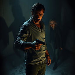 A dramatic and intense scene depicting a male figure with a distressed expression, standing in a dimly lit room with a sense of tension and conflict