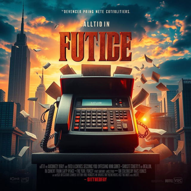 An epic movie poster showcasing the theme of futility and nostalgia for communication technology, featuring a large, retro-style fax machine at the center, surrounded by swirling papers and digital elements that represent a clash of old and new technology