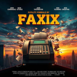 An epic movie poster showcasing the theme of futility and nostalgia for communication technology, featuring a large, retro-style fax machine at the center, surrounded by swirling papers and digital elements that represent a clash of old and new technology