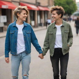 The tomboyish girl with her girlfriend, who is also tomboyish. Both sport rugged, casual clothing and short, spiky hair and are holding hands, joyfully showing their bond.