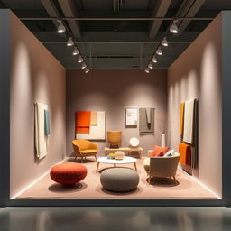 A captivating exhibition stand designed by the Bouroullec brothers, inspired by the flagship Kvadrat showroom in Copenhagen, set within a compact 3x3x3 meter space