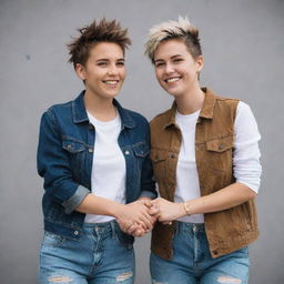 The tomboyish girl with her girlfriend, who is also tomboyish. Both sport rugged, casual clothing and short, spiky hair and are holding hands, joyfully showing their bond.