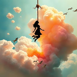 A creative and abstract interpretation of a surreal scene where a woman's silhouette is delicately suspended mid-air by a rope, set against a colorful, imaginative backdrop