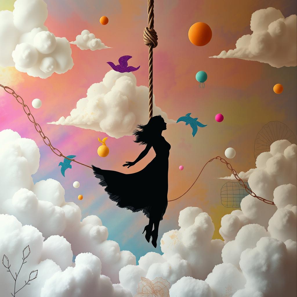 A creative and abstract interpretation of a surreal scene where a woman's silhouette is delicately suspended mid-air by a rope, set against a colorful, imaginative backdrop