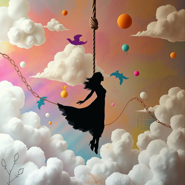 A creative and abstract interpretation of a surreal scene where a woman's silhouette is delicately suspended mid-air by a rope, set against a colorful, imaginative backdrop