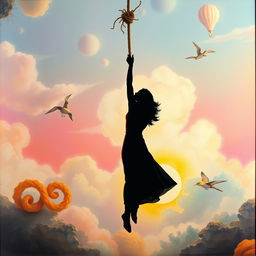 A creative and abstract interpretation of a surreal scene where a woman's silhouette is delicately suspended mid-air by a rope, set against a colorful, imaginative backdrop