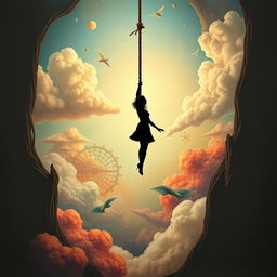 A creative and abstract interpretation of a surreal scene where a woman's silhouette is delicately suspended mid-air by a rope, set against a colorful, imaginative backdrop