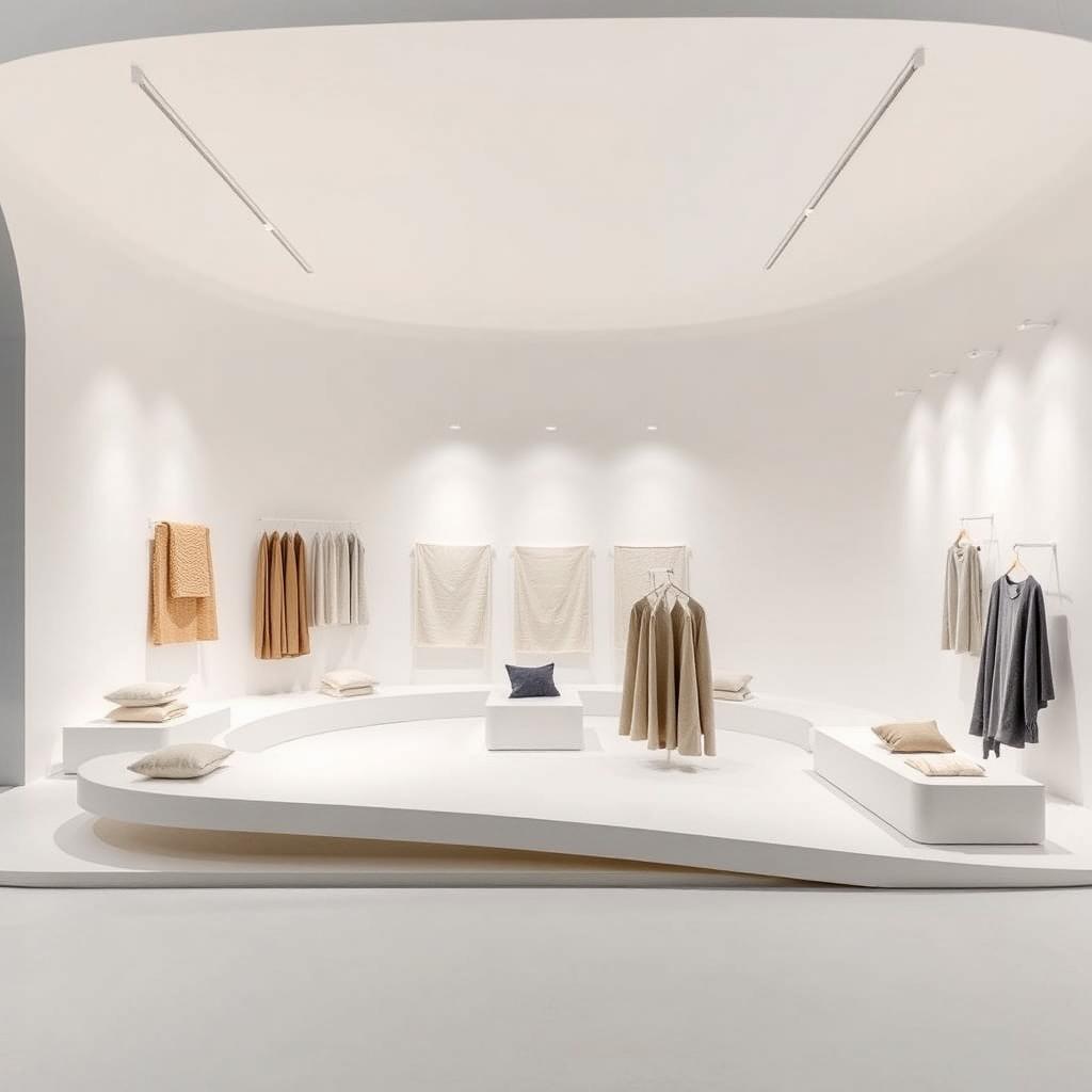 An exhibition stand designed by the Bouroullec brothers, inspired by the Kvadrat showroom in Copenhagen, featuring an all-white space that allows textiles to take center stage