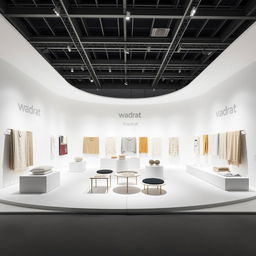 An exhibition stand designed by the Bouroullec brothers, inspired by the Kvadrat showroom in Copenhagen, featuring an all-white space that allows textiles to take center stage