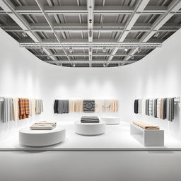 An exhibition stand designed by the Bouroullec brothers, inspired by the Kvadrat showroom in Copenhagen, featuring an all-white space that allows textiles to take center stage