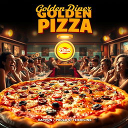 An epic movie poster for 'Golden Diner Pizza', featuring a vibrant and bustling diner scene illuminated by warm, golden light