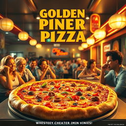 An epic movie poster for 'Golden Diner Pizza', featuring a vibrant and bustling diner scene illuminated by warm, golden light