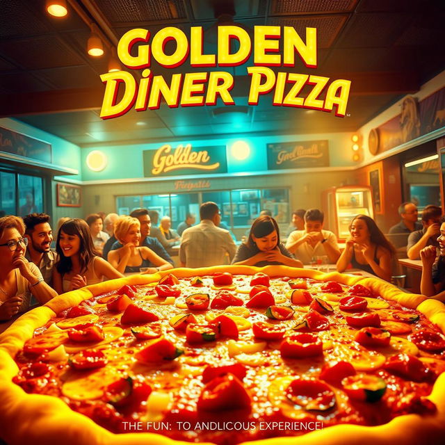 An epic movie poster for 'Golden Diner Pizza', featuring a vibrant and bustling diner scene illuminated by warm, golden light