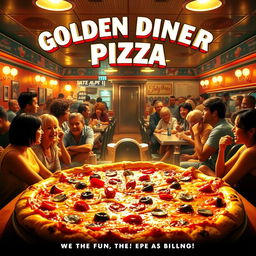 An epic movie poster for 'Golden Diner Pizza', featuring a vibrant and bustling diner scene illuminated by warm, golden light