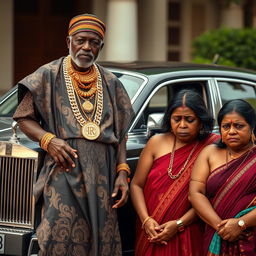 An older African man dressed in traditional attire adorned with many glistening gold chains stands confidently beside a luxurious Rolls Royce car