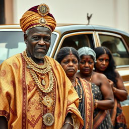 An older African man dressed in traditional attire adorned with many glistening gold chains stands confidently beside a luxurious Rolls Royce car