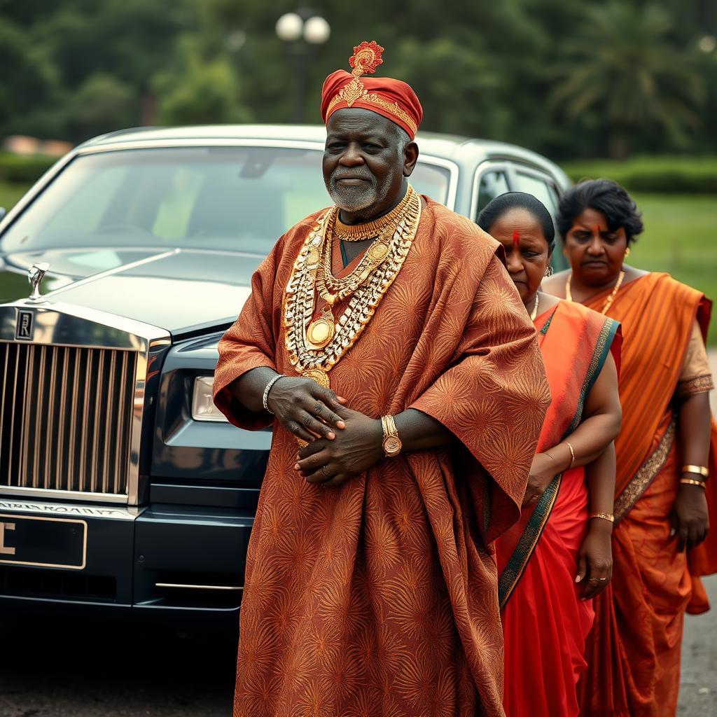 An older African man dressed in traditional attire adorned with many glistening gold chains stands confidently beside a luxurious Rolls Royce car