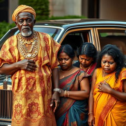 An older African man dressed in traditional attire adorned with many glistening gold chains stands confidently beside a luxurious Rolls Royce car