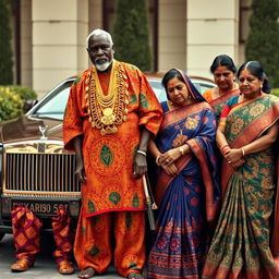 An older African man dressed in vibrant traditional attire, adorned with numerous sparkling gold chains, stands proudly next to a luxurious Rolls Royce car