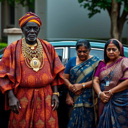 An older African man dressed in vibrant traditional attire, adorned with numerous sparkling gold chains, stands proudly next to a luxurious Rolls Royce car