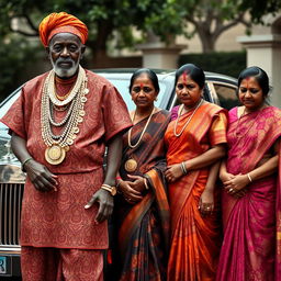 An older African man dressed in vibrant traditional attire, adorned with numerous sparkling gold chains, stands proudly next to a luxurious Rolls Royce car