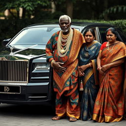 An older African man dressed in vibrant traditional attire, adorned with numerous sparkling gold chains, stands proudly next to a luxurious Rolls Royce car