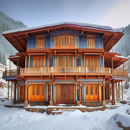 Create a detailed image of a traditional Kashmiri house, capturing the essence of cultural architecture, featuring vibrant colors, intricate woodwork, and beautiful stonework within a serene snowy landscape.