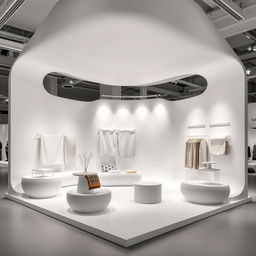 An exhibition stand in the style of Ronan and Erwan Bouroullec, inspired by the flagship Kvadrat showroom in Copenhagen, designed within a compact 3x3x3 meter space