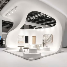An exhibition stand in the style of Ronan and Erwan Bouroullec, inspired by the flagship Kvadrat showroom in Copenhagen, designed within a compact 3x3x3 meter space