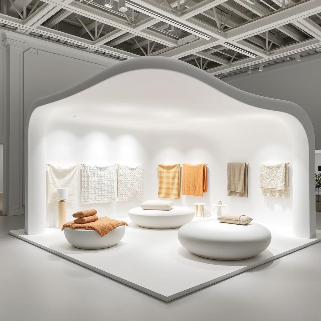 An exhibition stand in the style of Ronan and Erwan Bouroullec, inspired by the flagship Kvadrat showroom in Copenhagen, designed within a compact 3x3x3 meter space