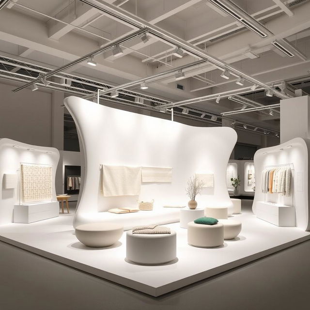 An exhibition stand in the style of Ronan and Erwan Bouroullec, inspired by the flagship Kvadrat showroom in Copenhagen, designed within a compact 3x3x3 meter space