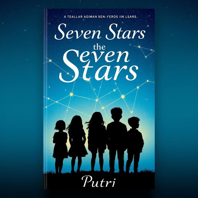 A visually striking book cover for 'The Seven Stars' by Putri, featuring the silhouettes of seven teenagers - three girls and four boys against a starry night sky