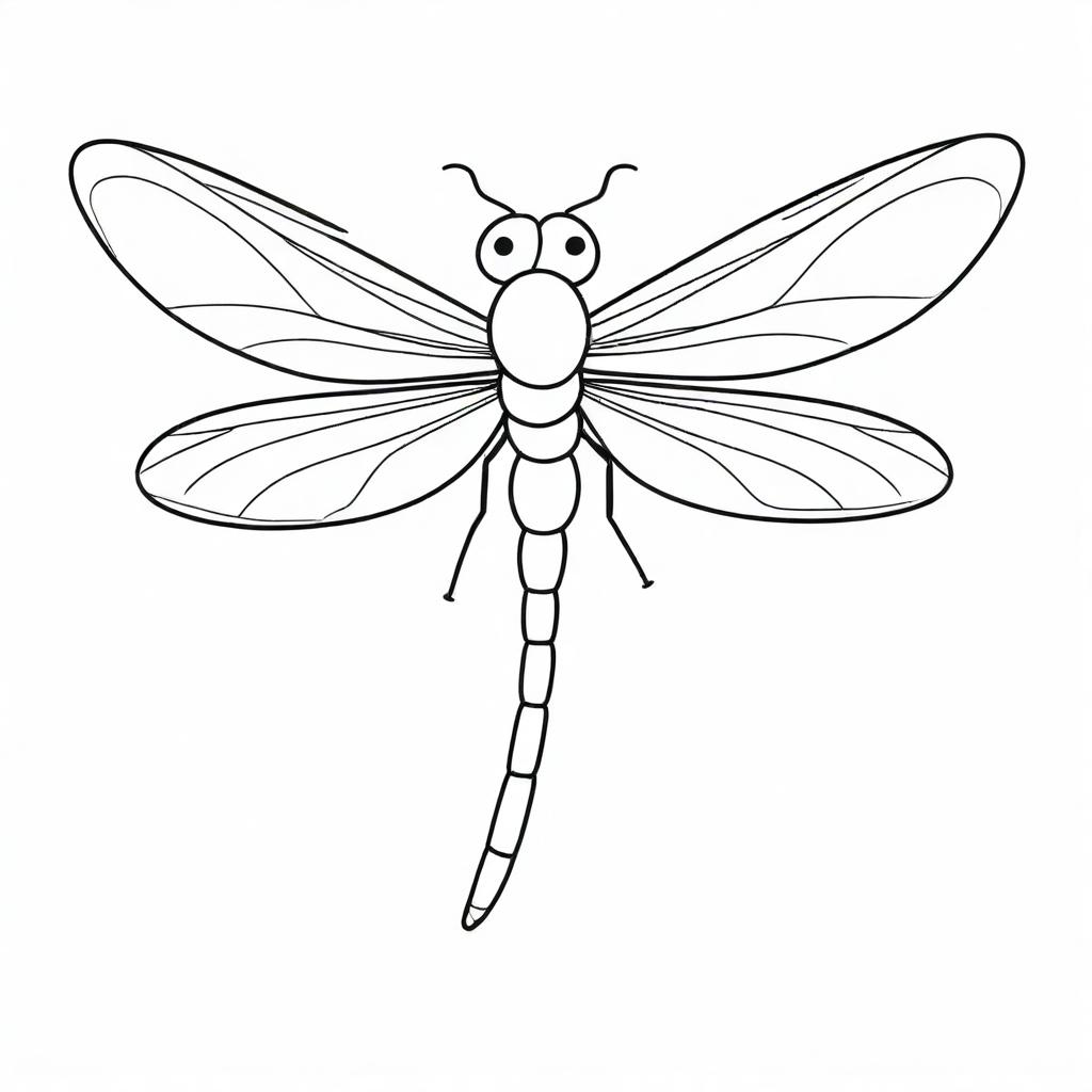 A cute, two-dimensional black and white outline of a cartoon dragonfly for a colouring page.