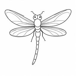 A cute, two-dimensional black and white outline of a cartoon dragonfly for a colouring page.