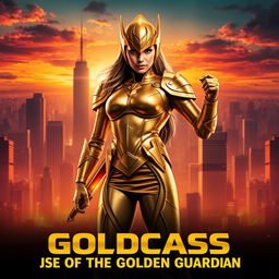 An epic movie poster featuring a character known as GoldCass, a heroic figure radiating confidence and charisma