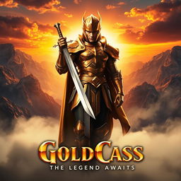 An epic movie poster featuring a character named GoldCass, depicted as a heroic figure with shimmering golden armor glimmering in the light