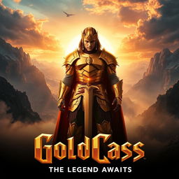 An epic movie poster featuring a character named GoldCass, depicted as a heroic figure with shimmering golden armor glimmering in the light