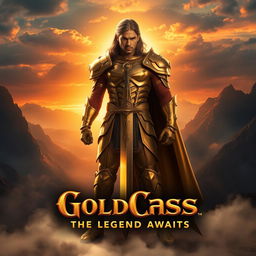 An epic movie poster featuring a character named GoldCass, depicted as a heroic figure with shimmering golden armor glimmering in the light