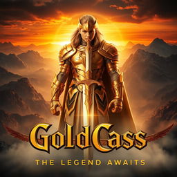 An epic movie poster featuring a character named GoldCass, depicted as a heroic figure with shimmering golden armor glimmering in the light