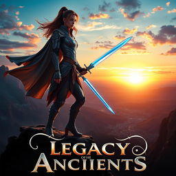 An epic movie poster featuring Jennifer Fitzgerald, a strong and enigmatic female protagonist standing heroically on a dramatic cliff overlooking a vast fantasy landscape